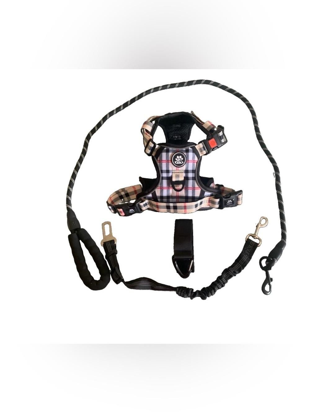Plaid Padded Dog Harness with Matching Safety Leash - Black/Beige